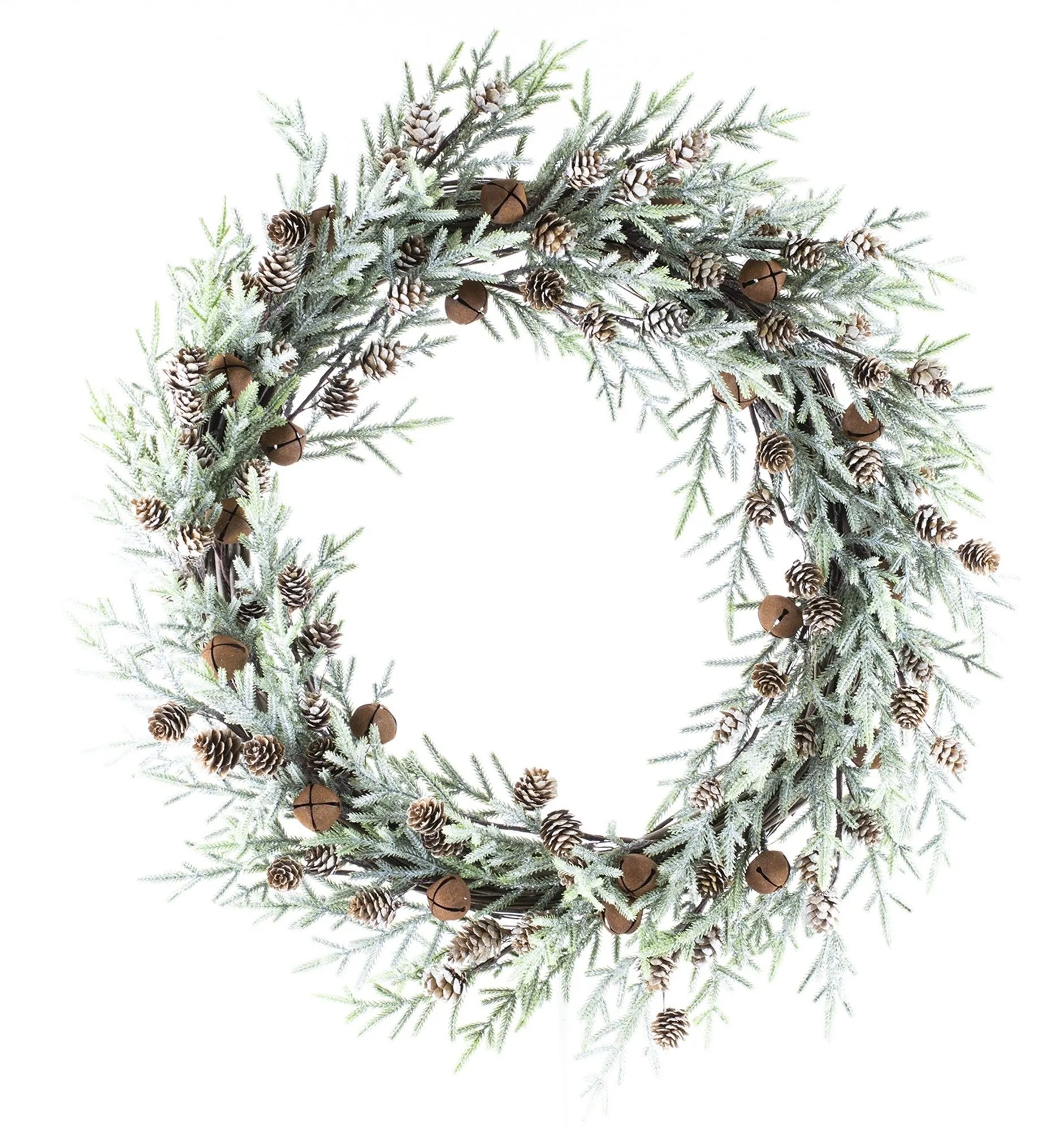 14" Frosted Evergreen Winter Wreath with Bells and Cones