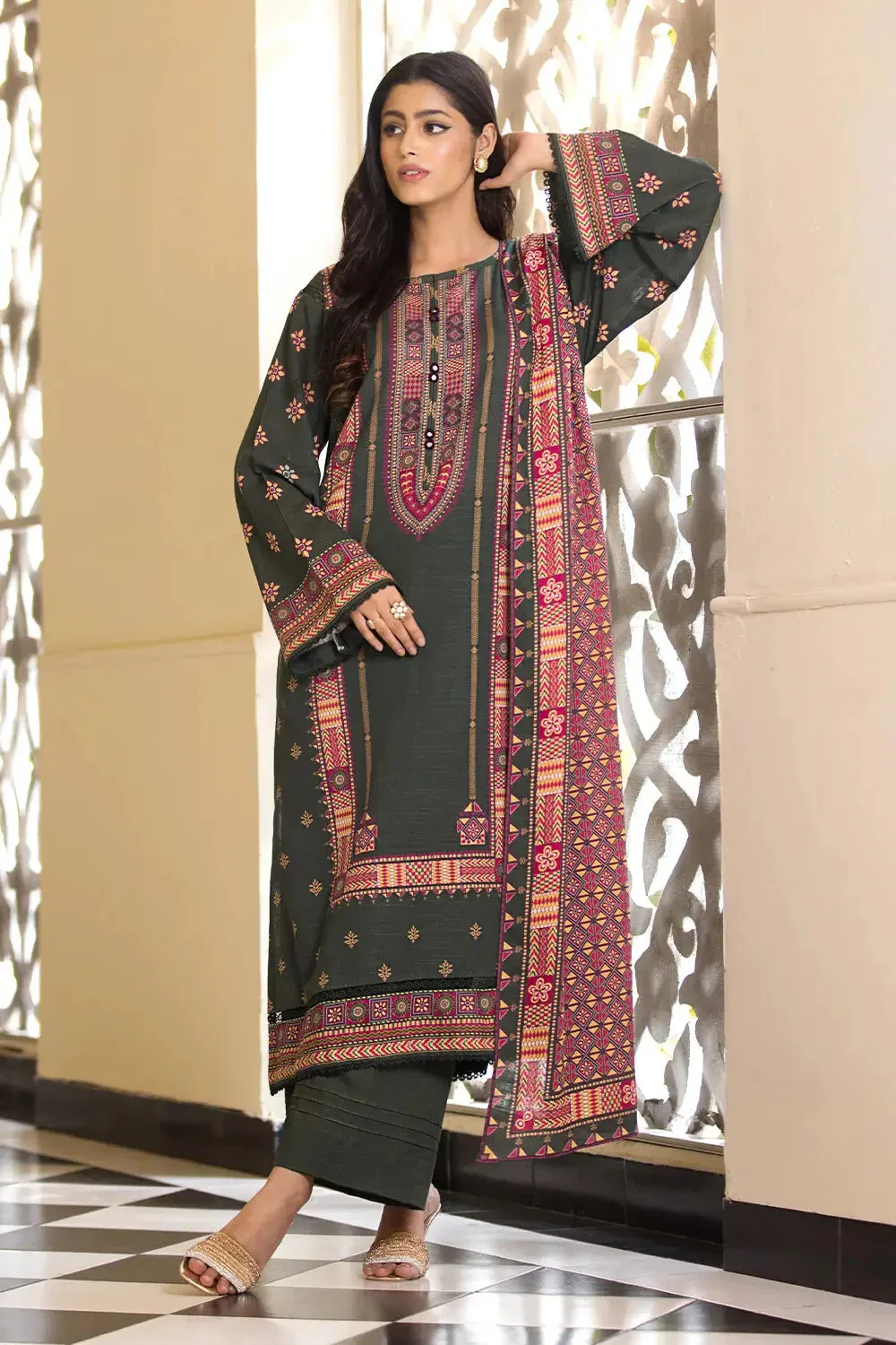 3PC Printed Unstitched Khaddar Suit KKH-2874