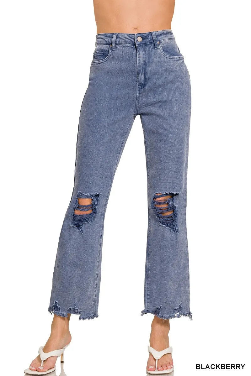 ACID WASHED HIGH WAIST DISTRESSED STRAIGHT LEGGED PANTS