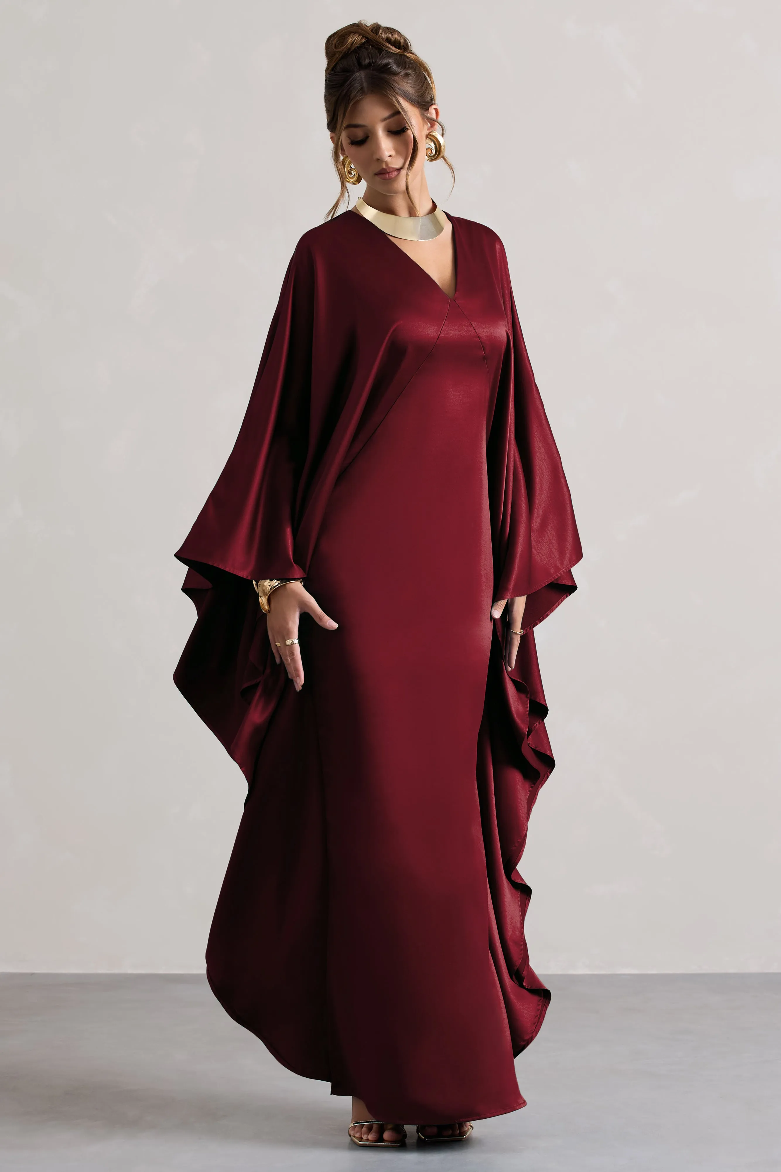 Alohi | Berry Satin Plunge Cape Maxi Dress