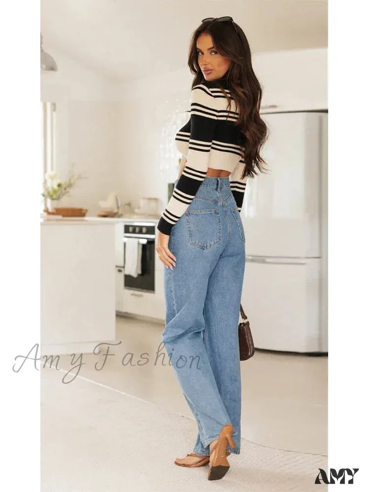 Amy Fashion - European and American Women's Washed Fashion Long Basic Straight-leg Pants All-match for All Seasons Jean