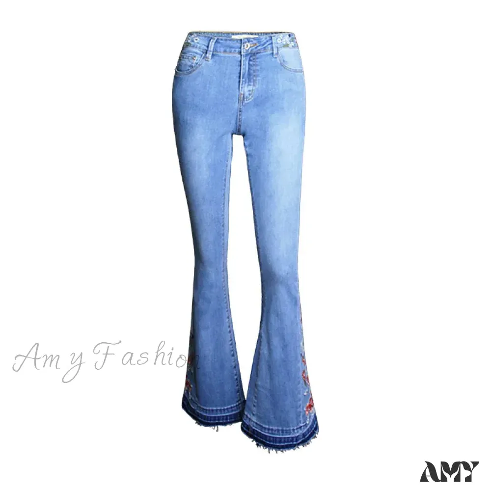 Amy Fashion - Size S-3XL Elastic Embroidery Flare Blue Vintage Bell Bottom Skinny Wide Leg Denim Jean