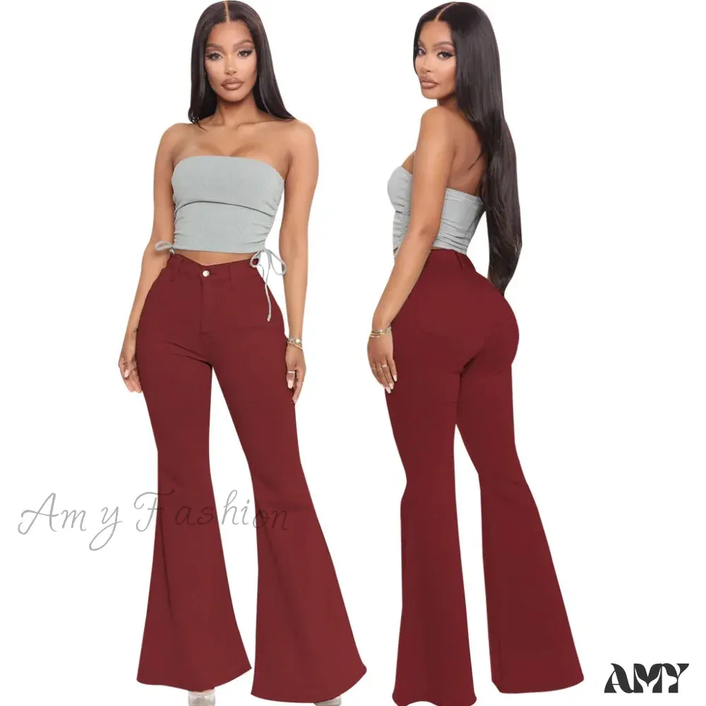 Amy Fashion - Stretch Slim Flare for Women Pink Bell Bottom 2024 High Waist Skinny Boot-cut Denim Woman Jean