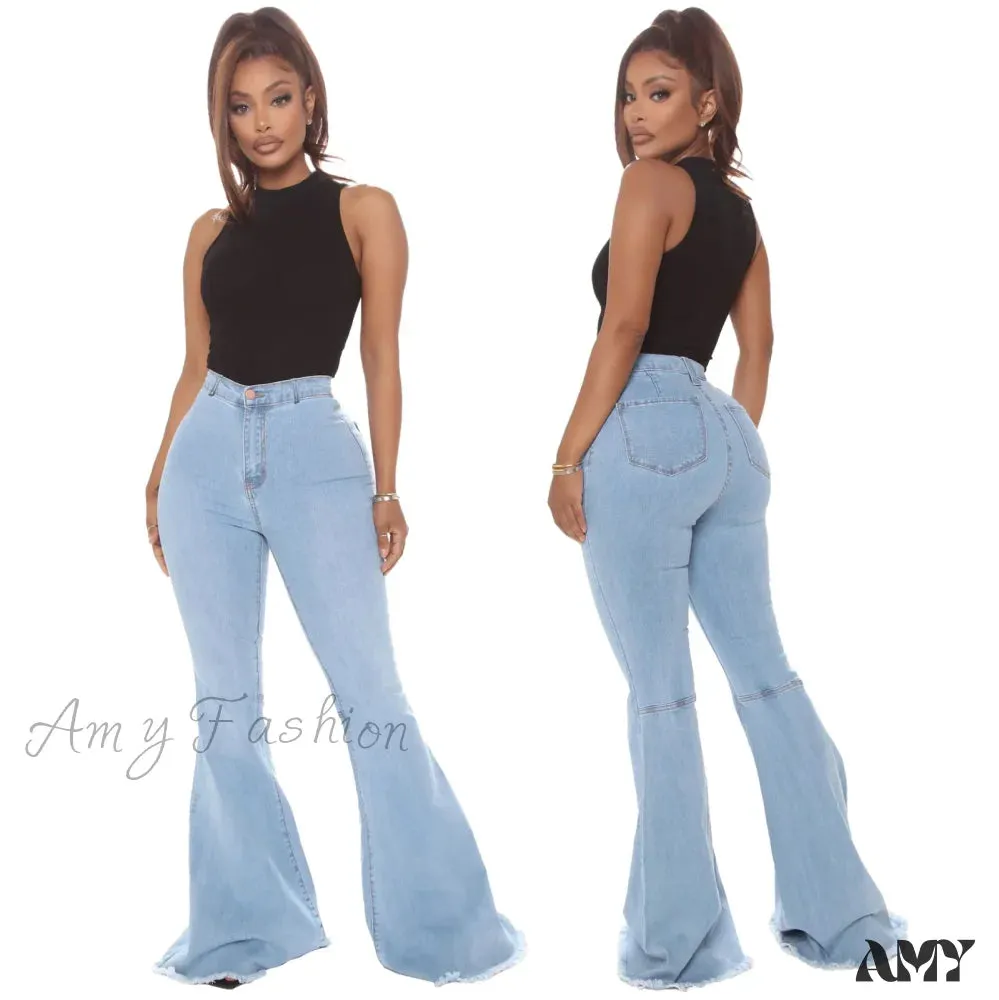 Amy Fashion - Stretch Slim Flare for Women Pink Bell Bottom 2024 High Waist Skinny Boot-cut Denim Woman Jean