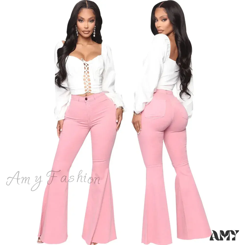 Amy Fashion - Stretch Slim Flare for Women Pink Bell Bottom 2024 High Waist Skinny Boot-cut Denim Woman Jean