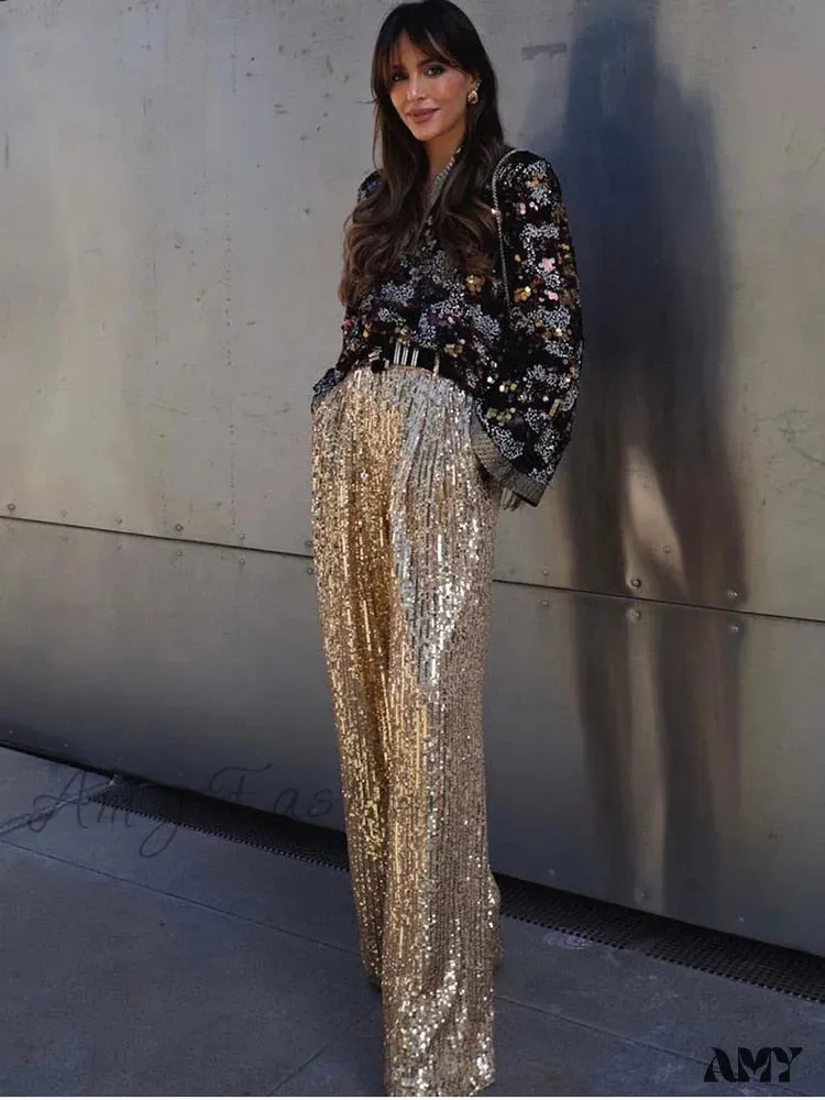 Amy Fashion - Wide Leg Pants High Waist Sequins Long Pants