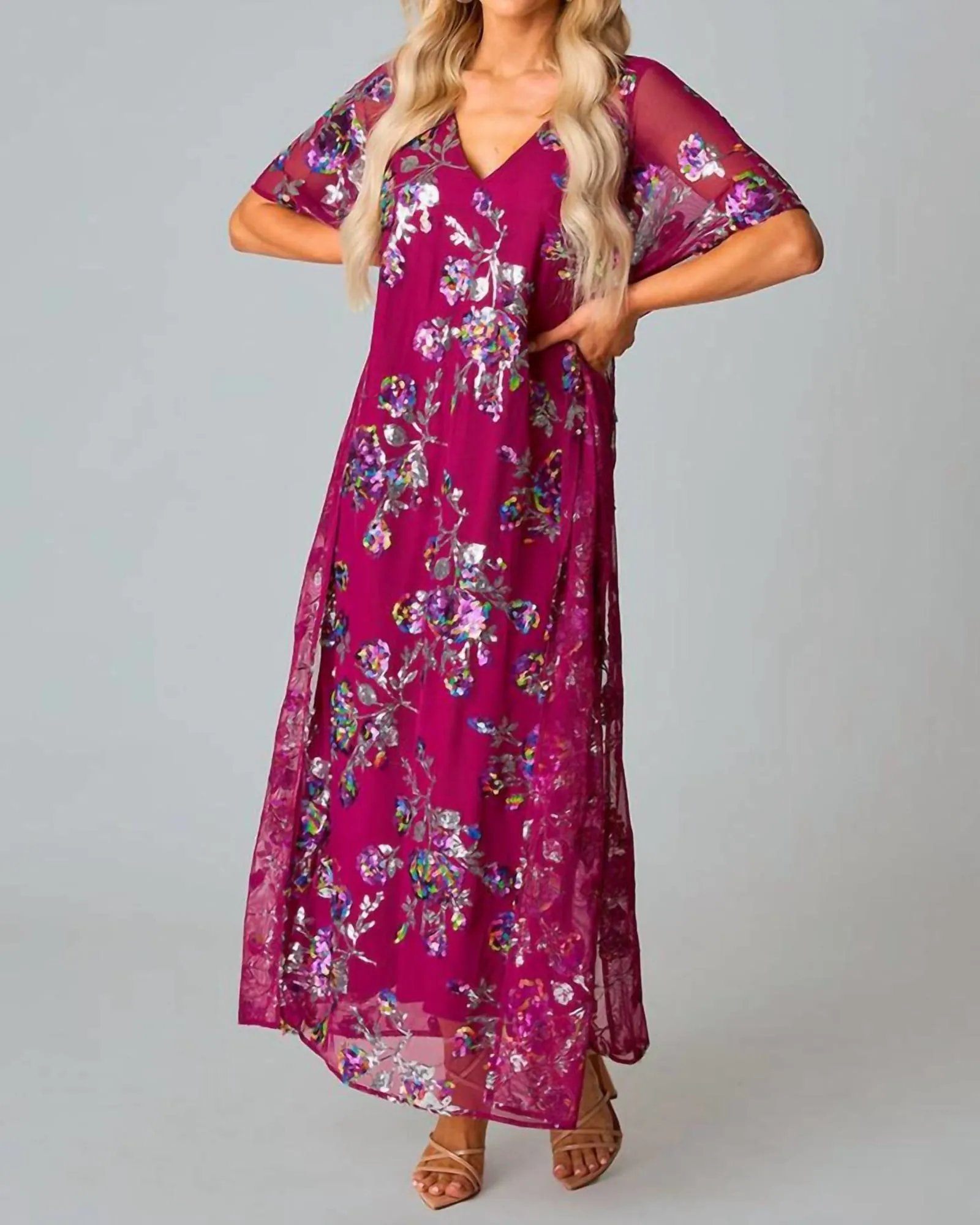 Atlas Sequin Caftan In Red Sangria | Red Sangria