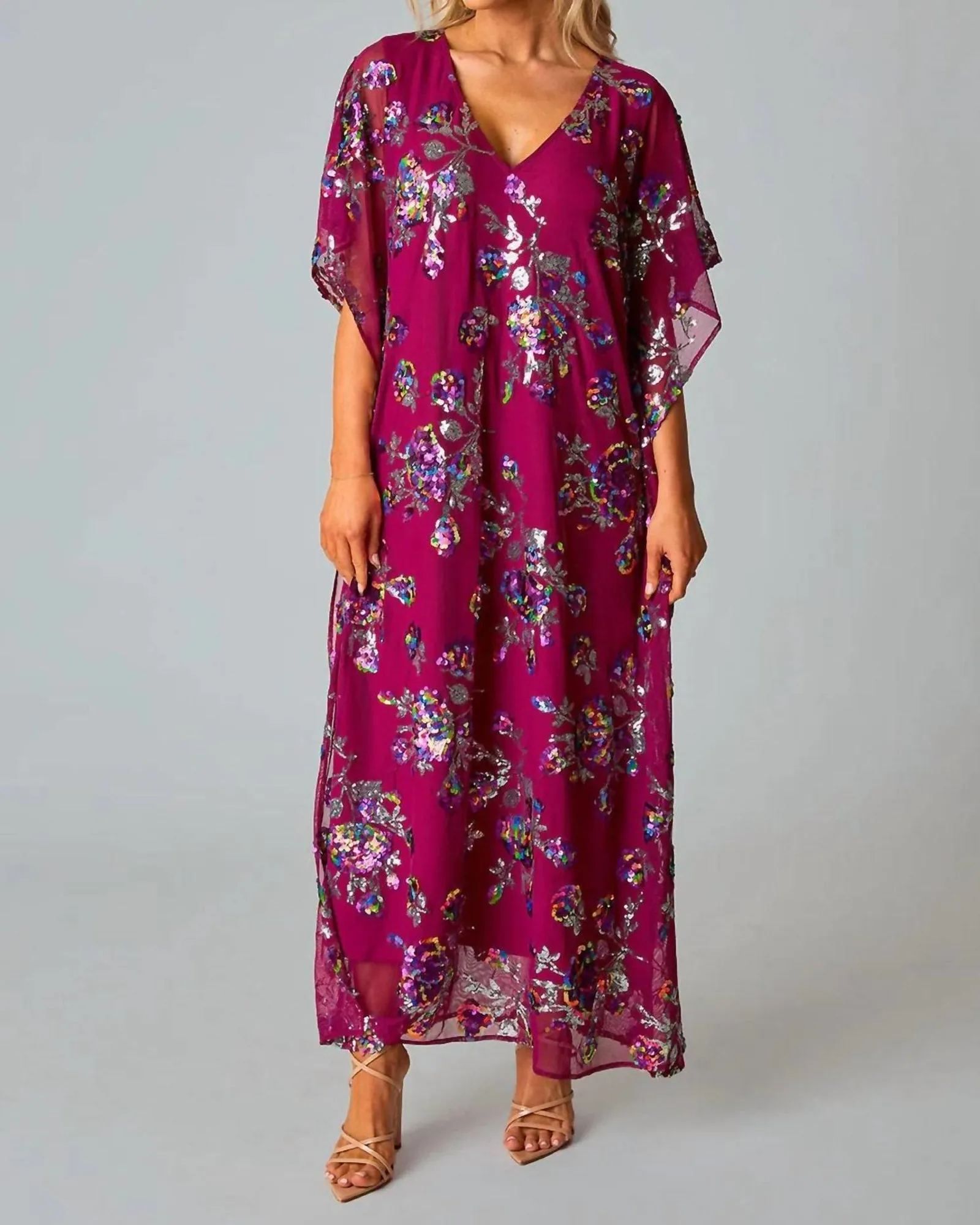 Atlas Sequin Caftan In Red Sangria | Red Sangria