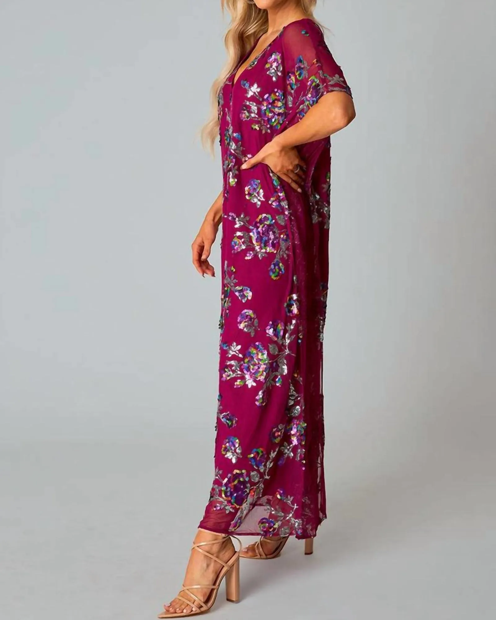 Atlas Sequin Caftan In Red Sangria | Red Sangria