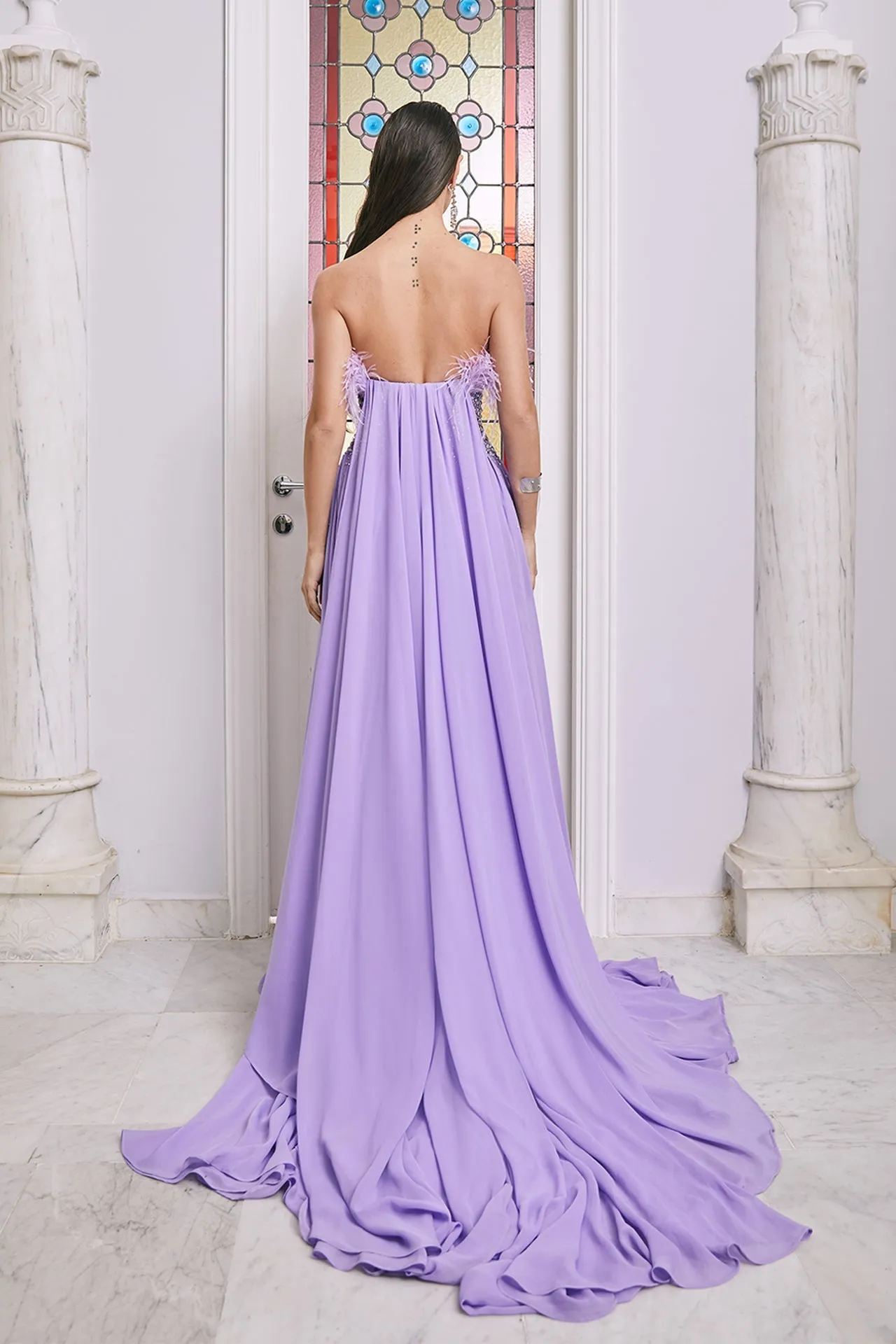 Beaded Strapless A-line Dress with Feathers