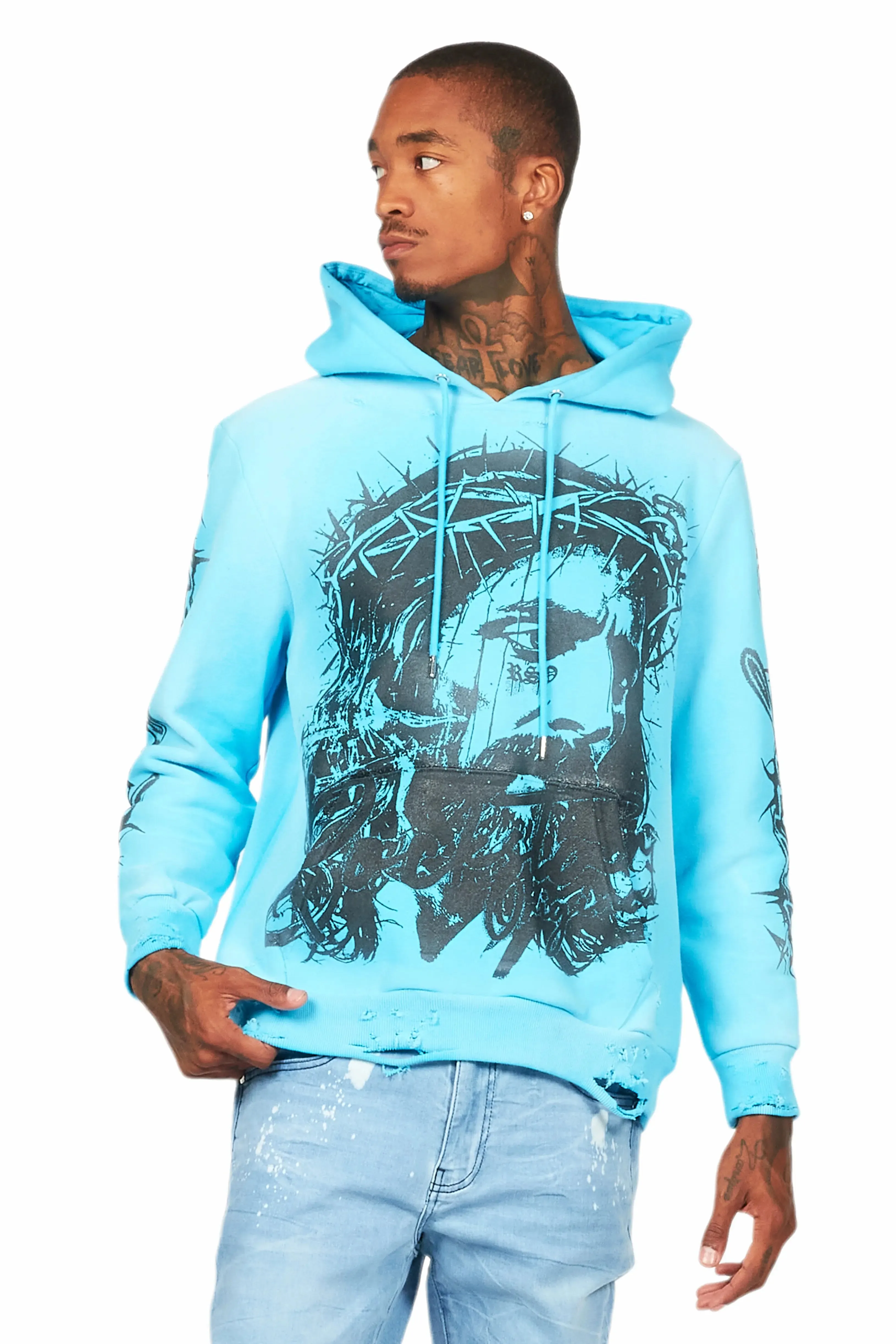 Bedros Blue Graphic Distressed Hoodie