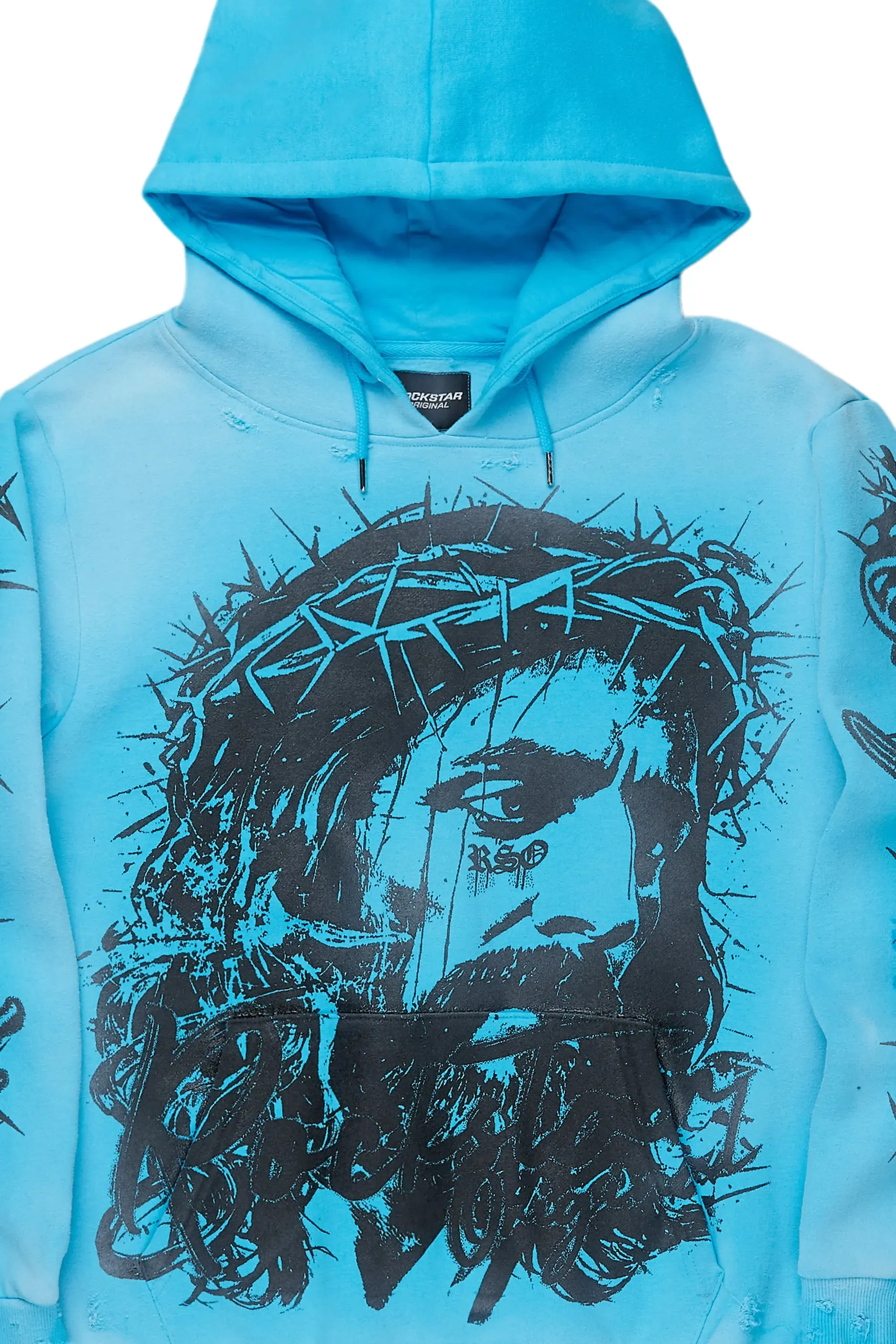 Bedros Blue Graphic Distressed Hoodie