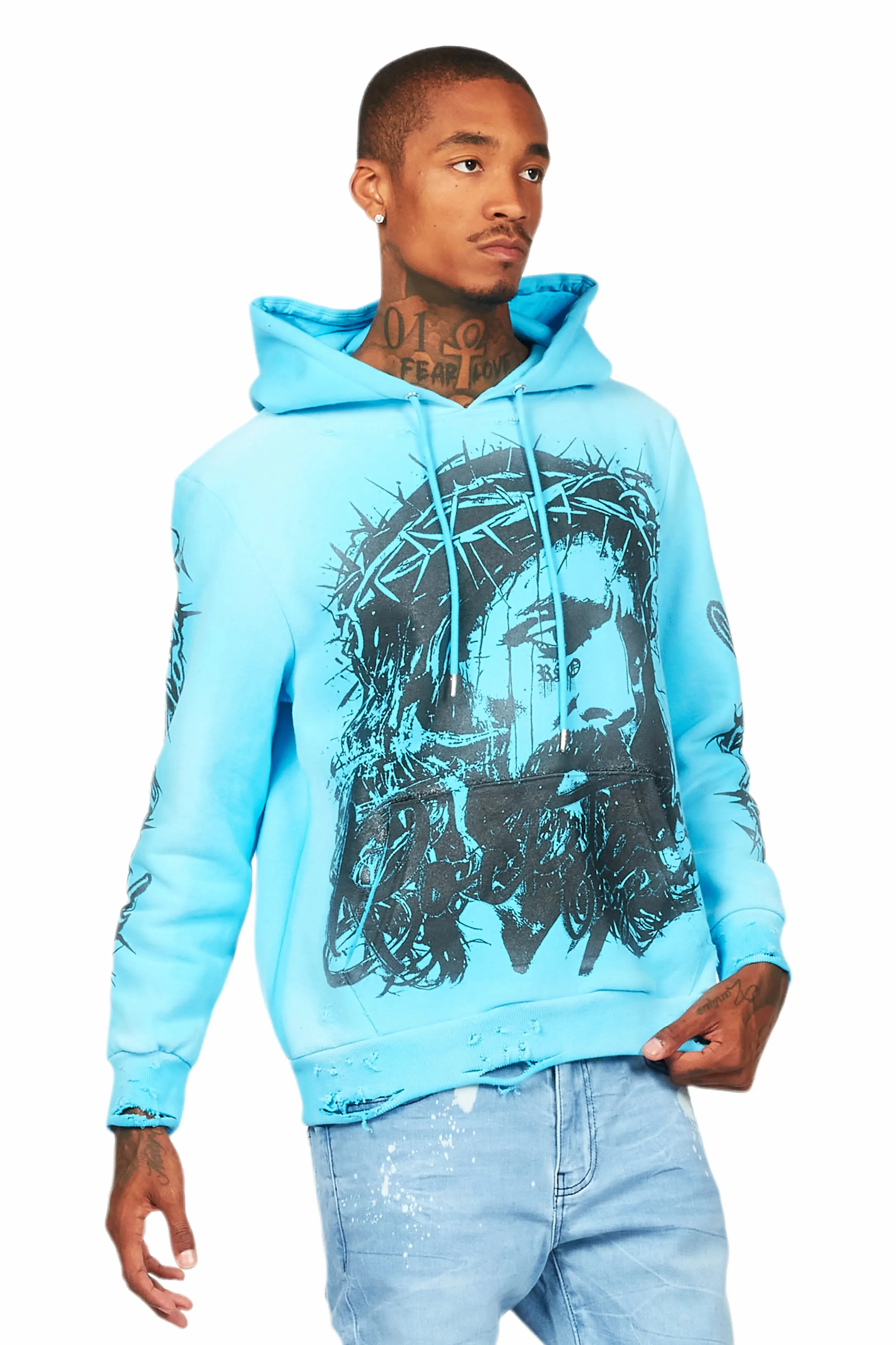 Bedros Blue Graphic Distressed Hoodie