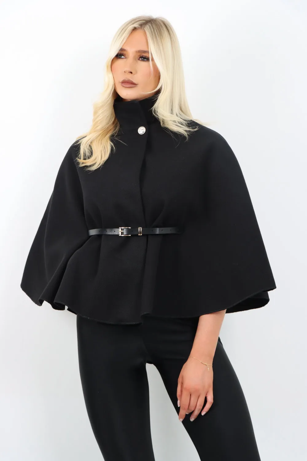 Belted High Neck  Button Cape Coat