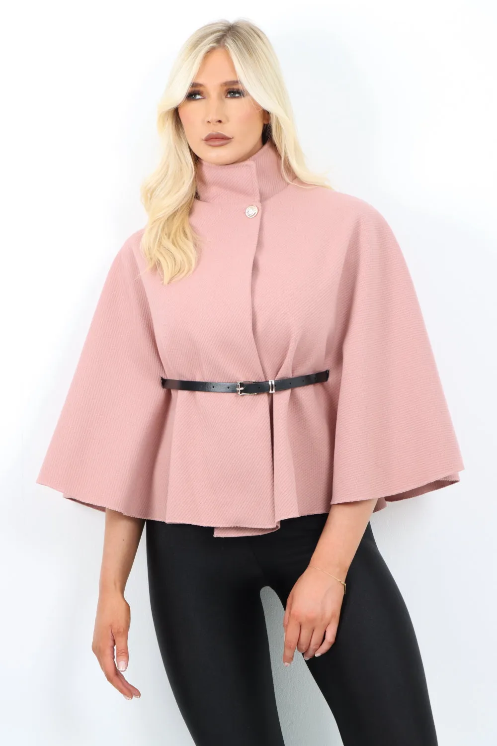 Belted High Neck  Button Cape Coat