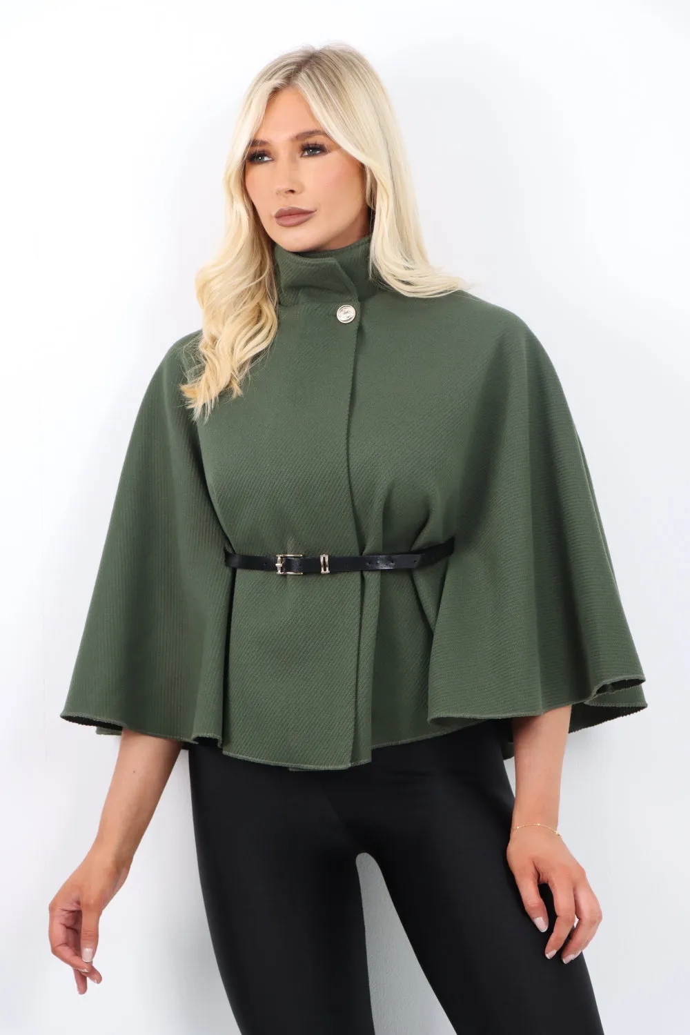 Belted High Neck  Button Cape Coat