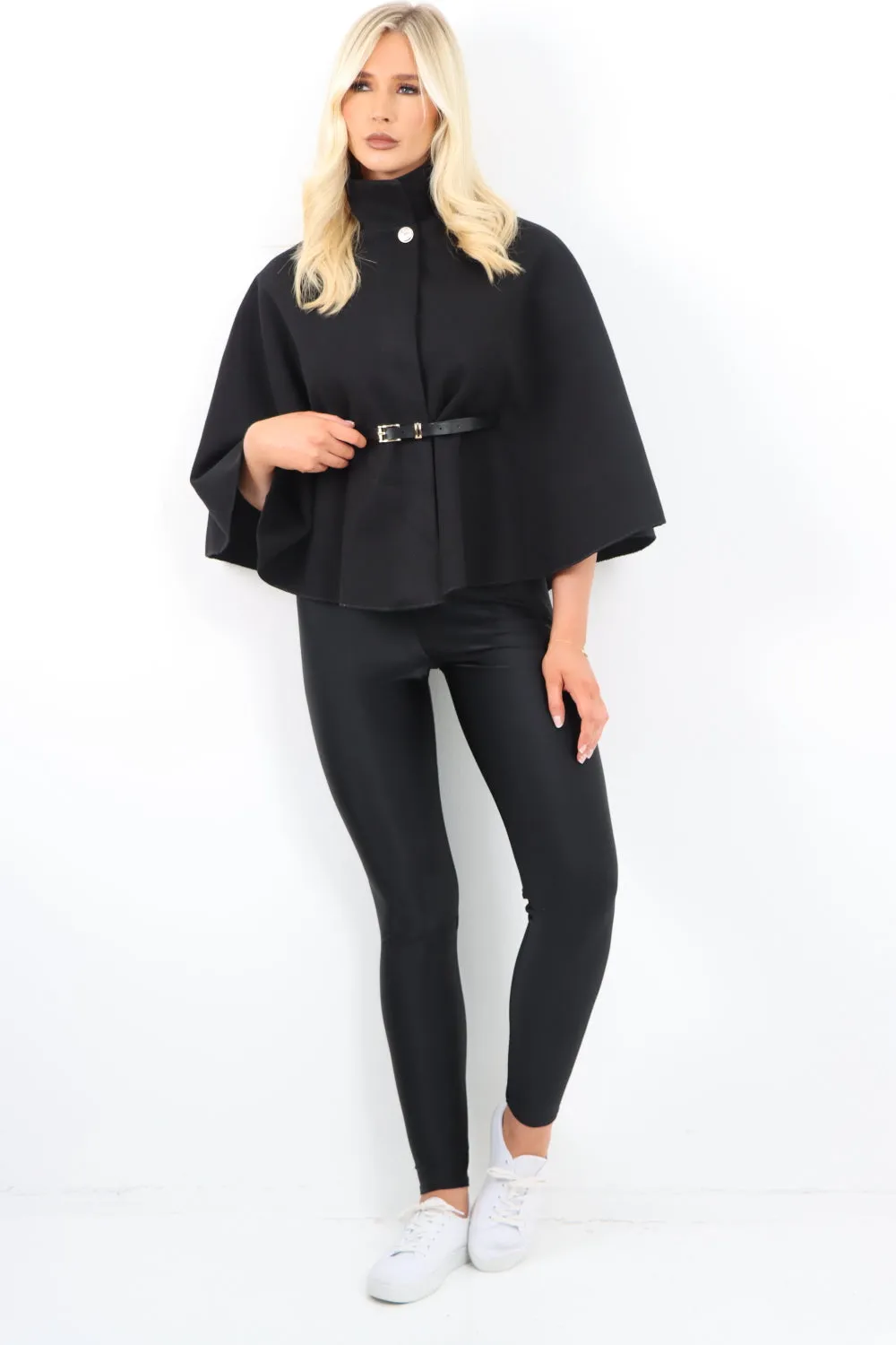 Belted High Neck  Button Cape Coat