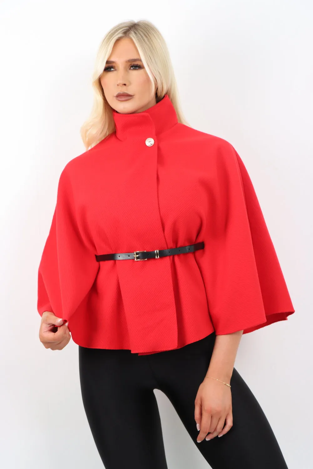 Belted High Neck  Button Cape Coat