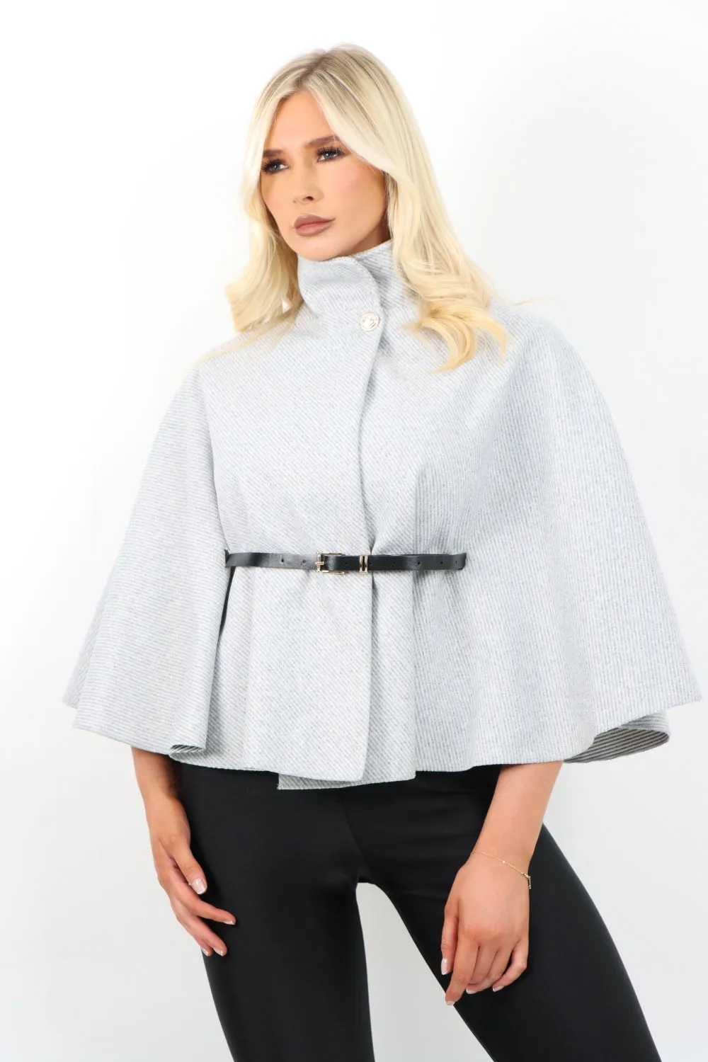 Belted High Neck  Button Cape Coat