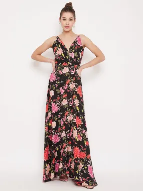 Berrylush Women Black Floral Printed V-Neck Maxi Dress