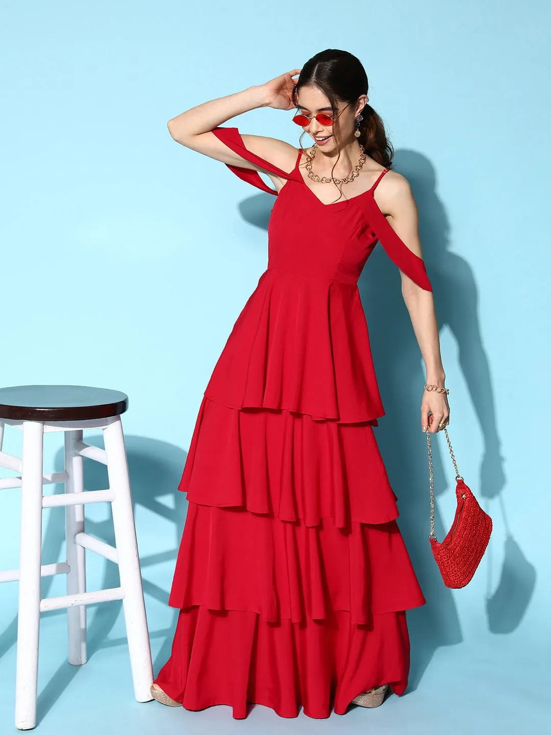 Berrylush Women Solid Red V-Neck Cold-Shoulder Flounce Hem Layered A-Line Maxi Dress