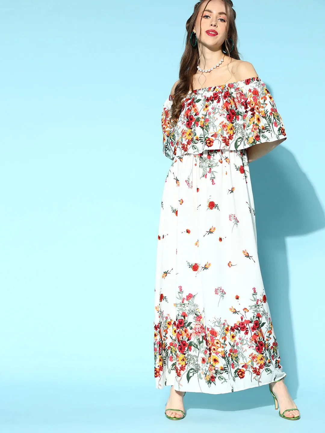 Berrylush Women White & Red Floral Printed Off-Shoulder Neck Crepe Layered Maxi Dress