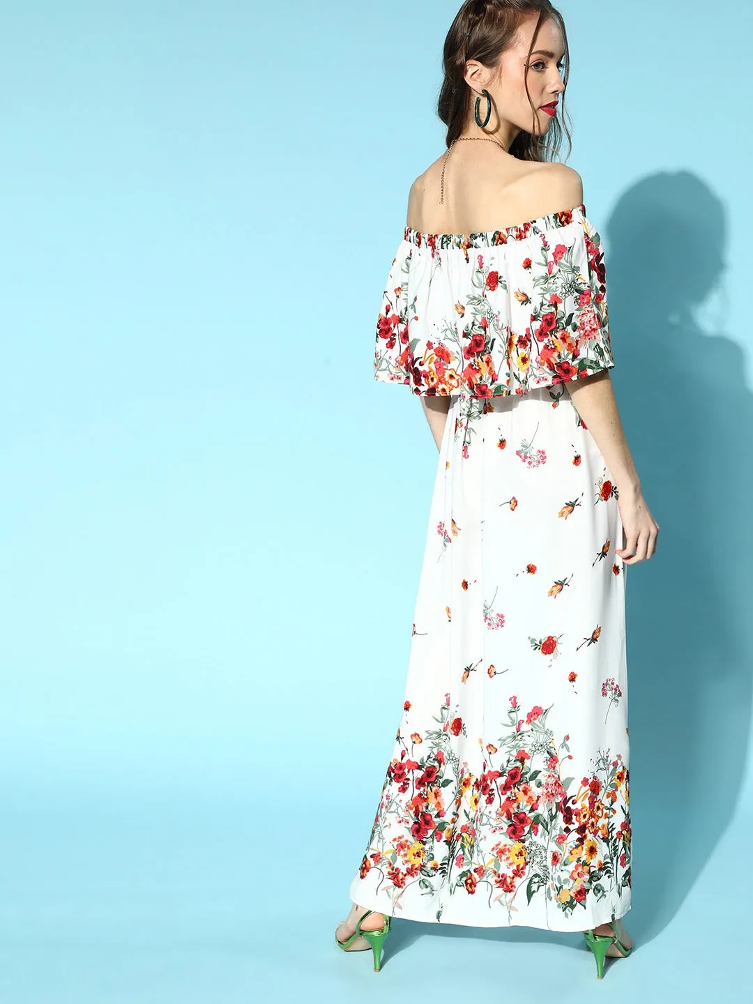 Berrylush Women White & Red Floral Printed Off-Shoulder Neck Crepe Layered Maxi Dress