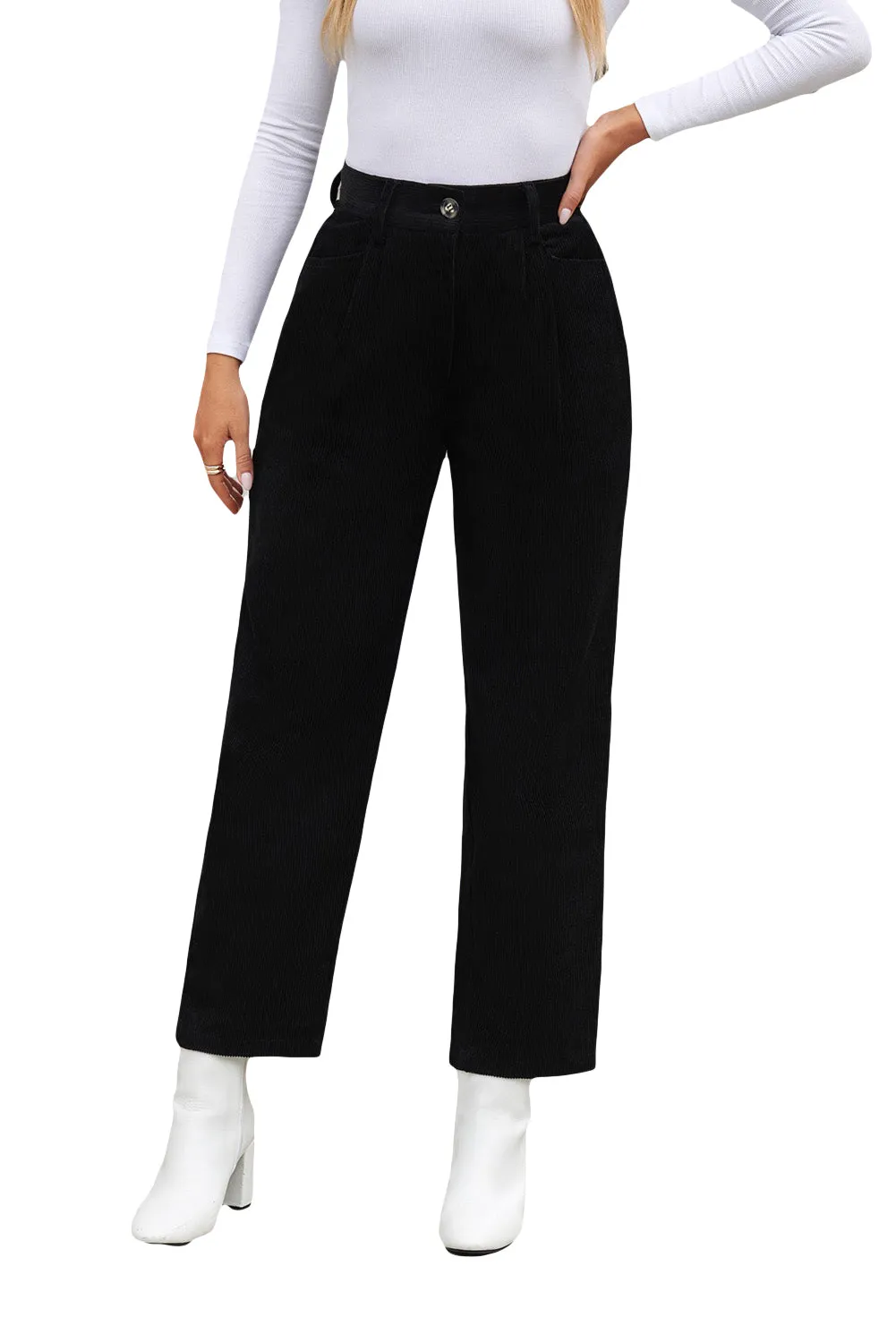 Black Corduroy High Waist Straight Leg Pants