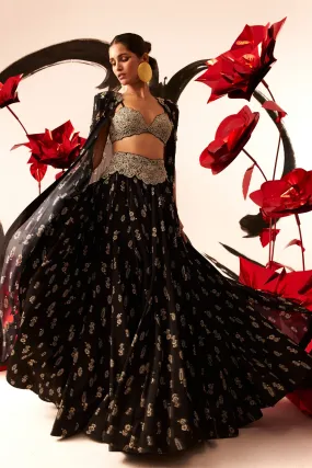 Black Floret Lehenga & Cape Set