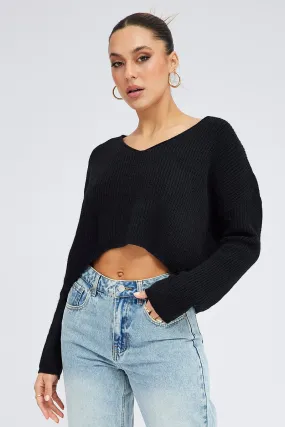 Black Knit Jumper Long Sleeve V Neck