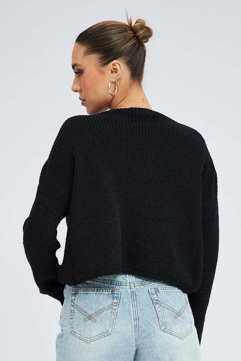 Black Knit Jumper Long Sleeve V Neck