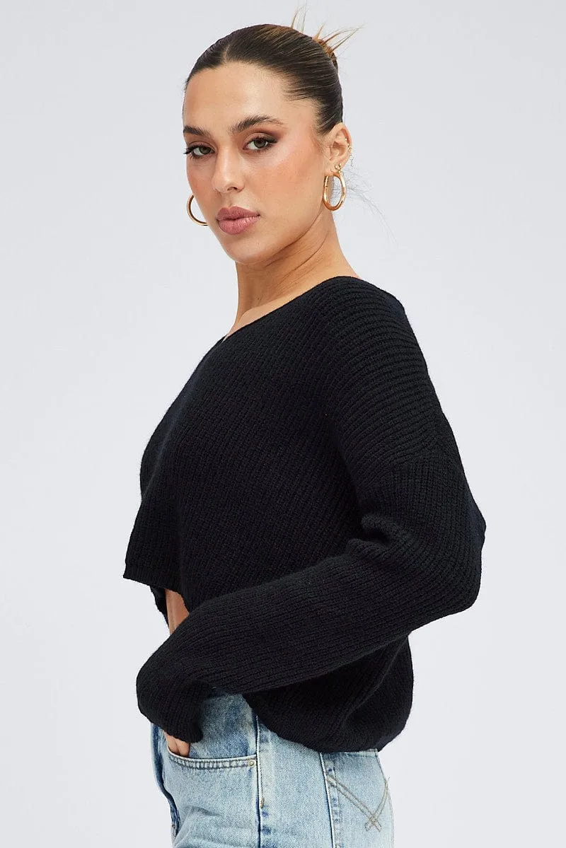 Black Knit Jumper Long Sleeve V Neck