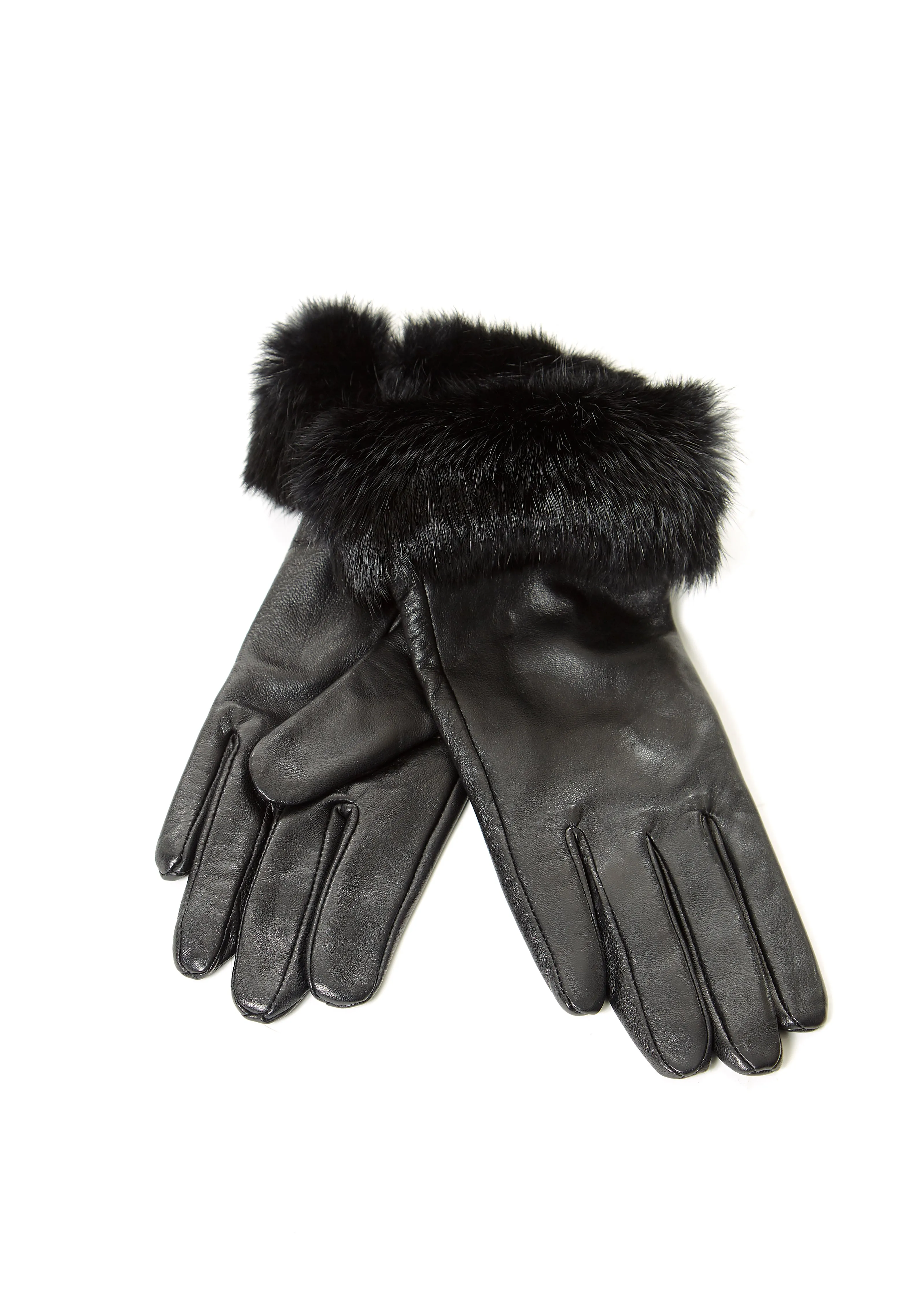 Black Leather Gloves With Rabbit Fur Trim