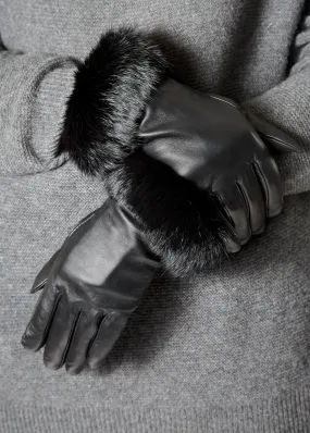 Black Leather Gloves With Rabbit Fur Trim