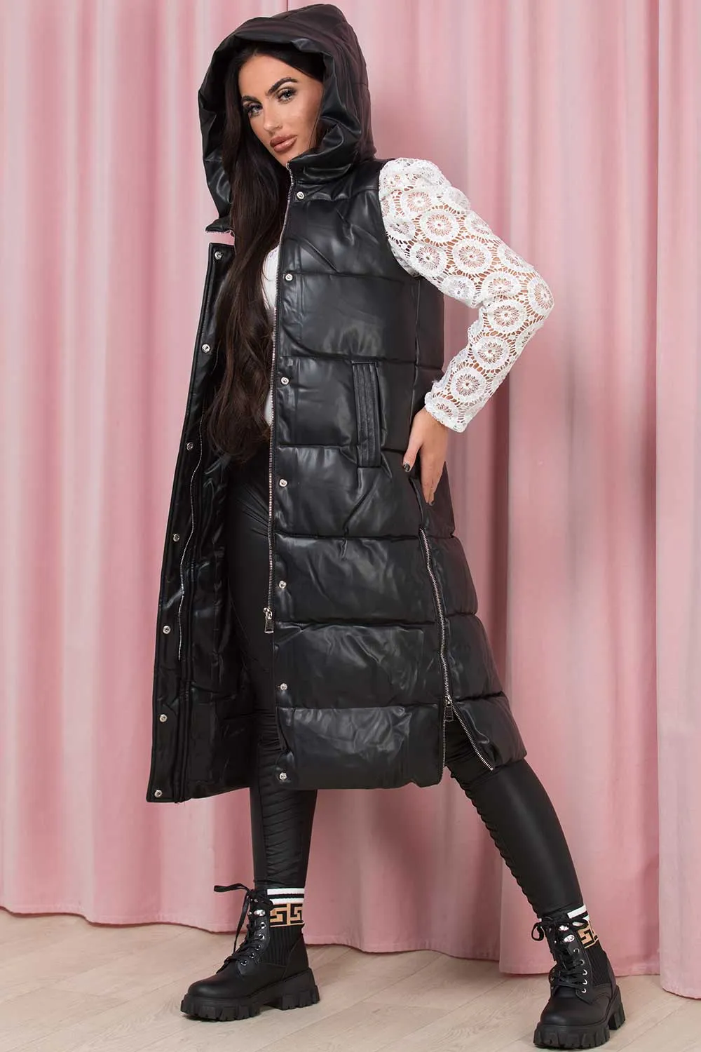 Black Long Faux Leather Puffer Gilet