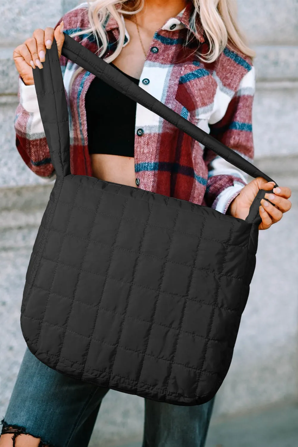 Black Quilted Zipper Large Shoulder Bag