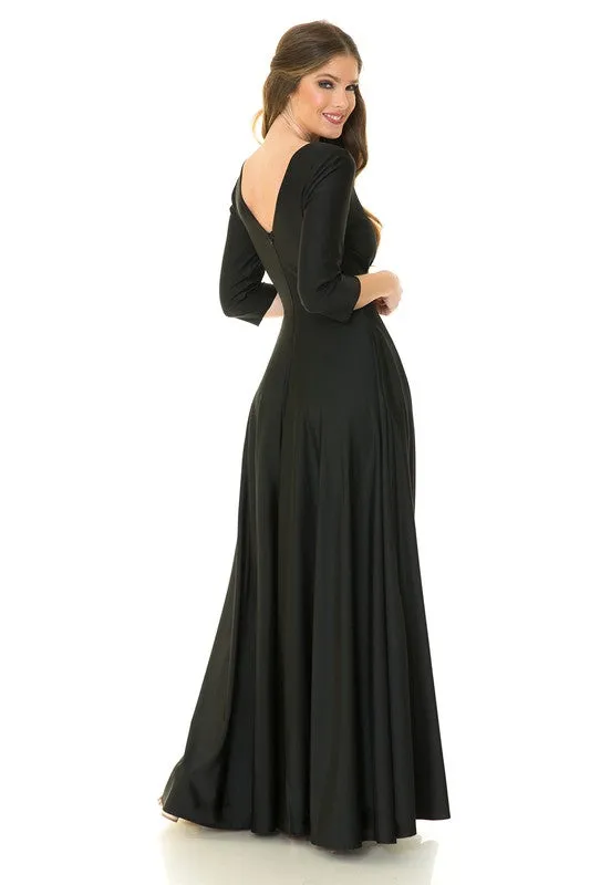 Black Sleeve Wrap Pleated Flare Pockets Formal Dress