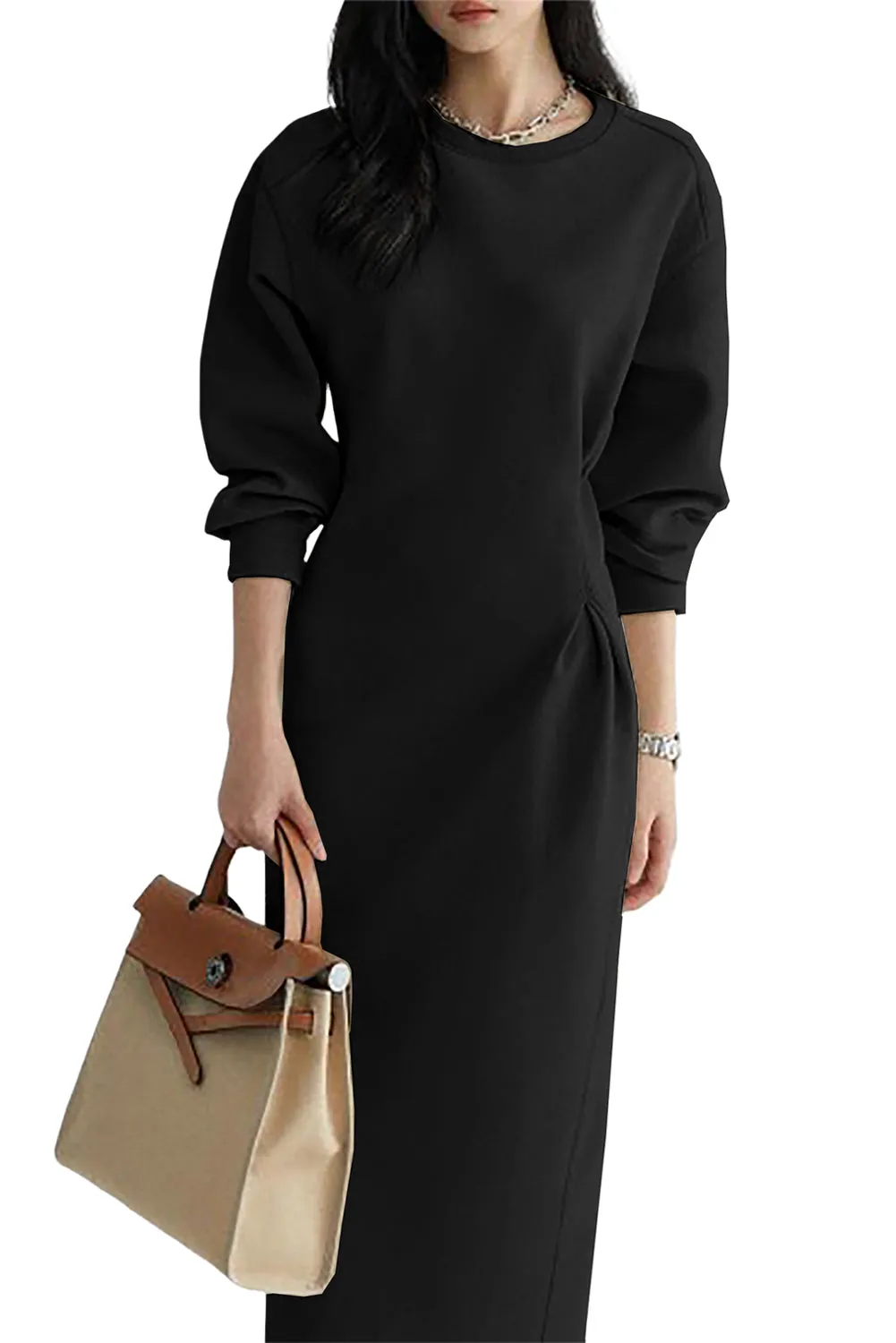 Black Solid Color Cinched Waist Long Sleeve Maxi Dress