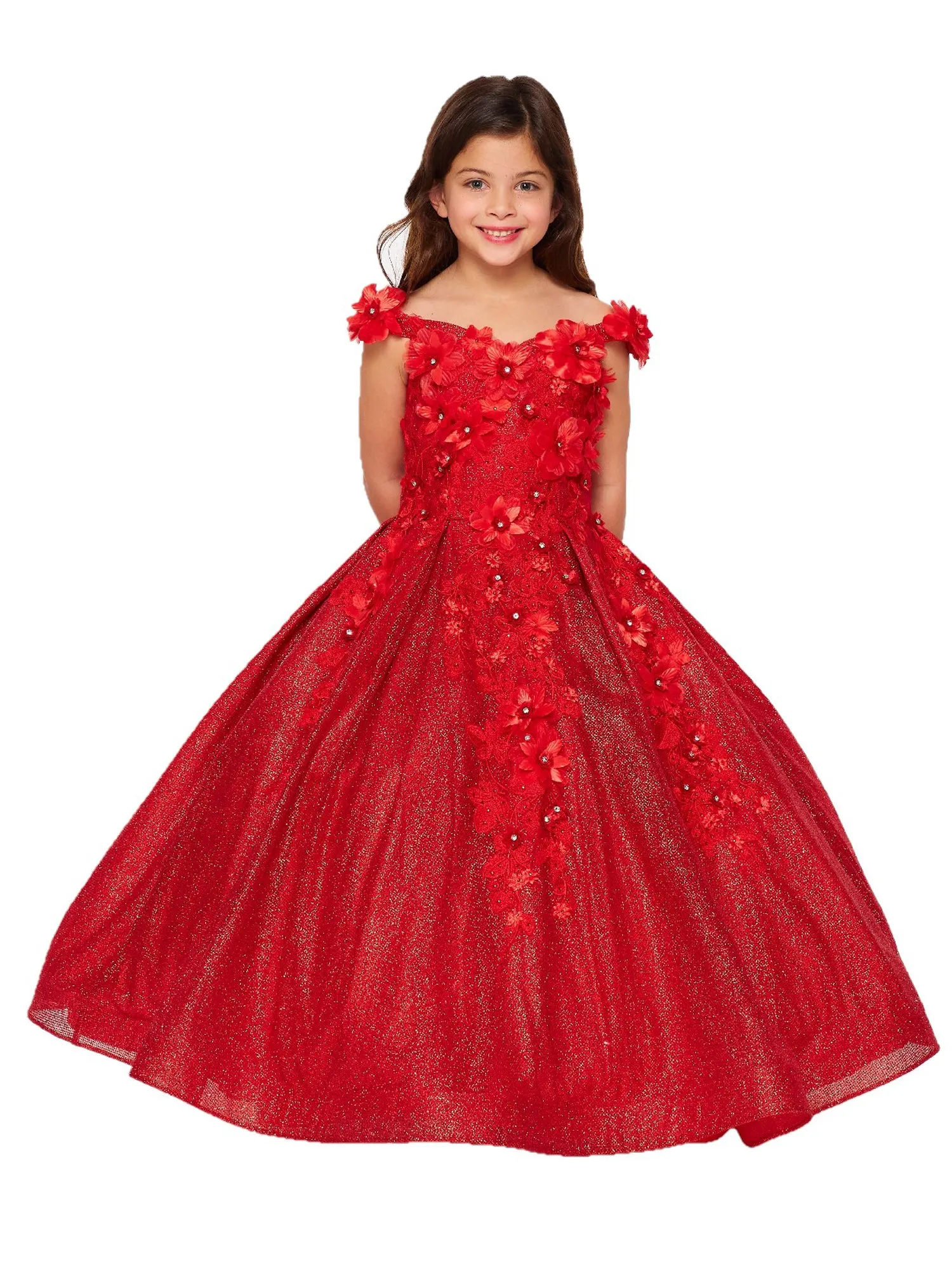 Bliss Big Girls Red 3D Floral Applique Off Shoulder Ball Gown 8-16