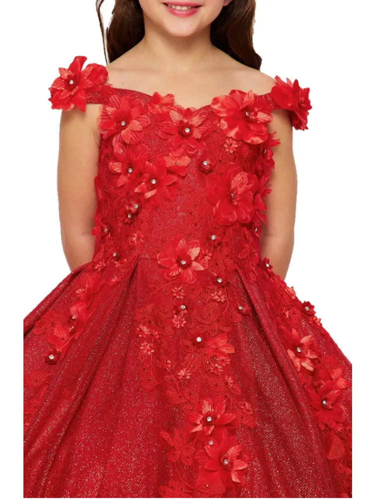 Bliss Big Girls Red 3D Floral Applique Off Shoulder Ball Gown 8-16