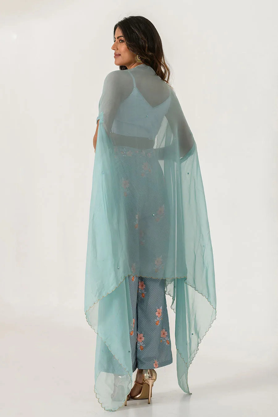 Blue Embroidered Cape, Top & Pant Set