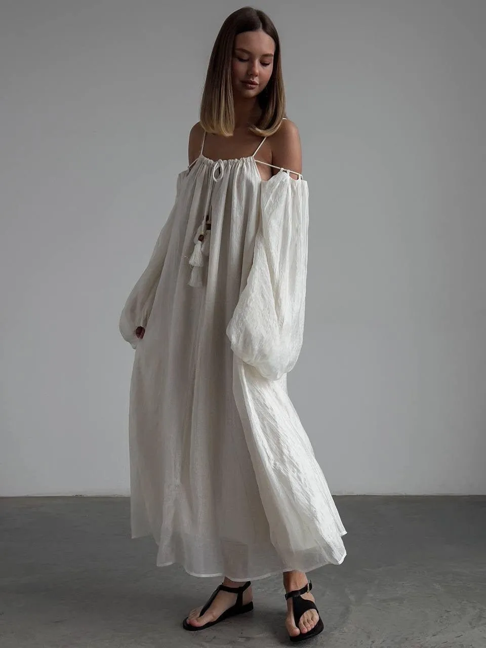 Bohemian Style White Cotton Maxi Dress