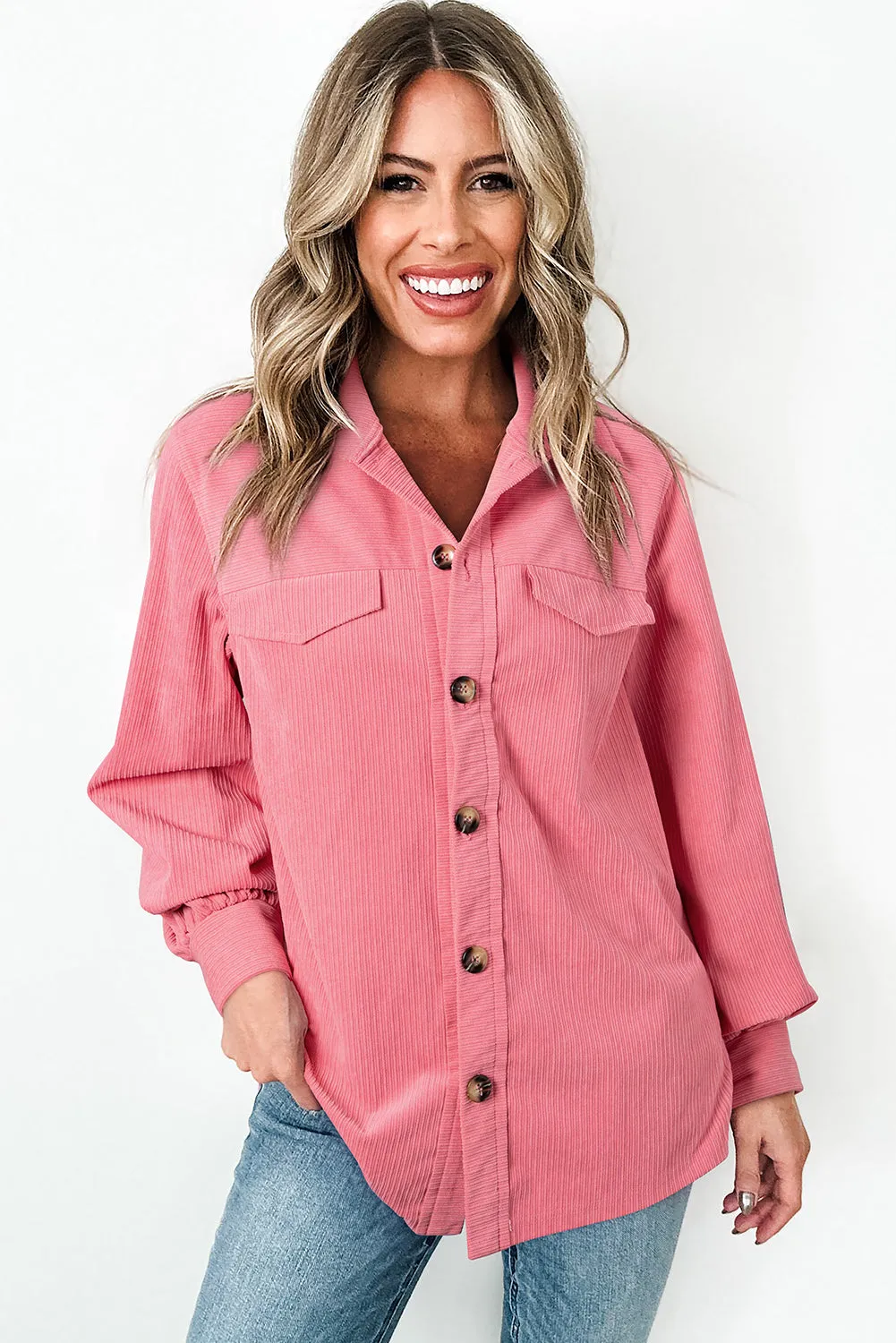 Bonbon Corduroy Button-Up Shacket with Flap Detail and Side Splits