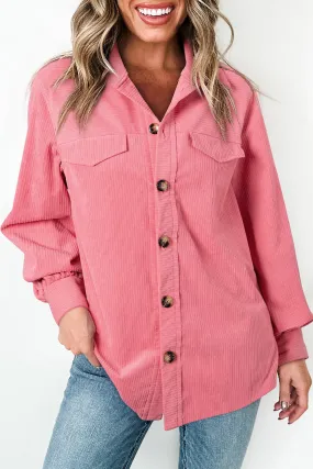 Bonbon Corduroy Button-Up Shacket with Flap Detail and Side Splits