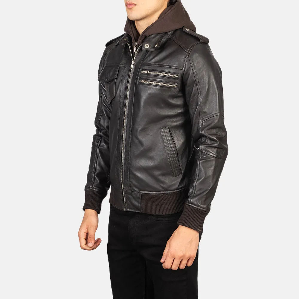 Brown Hooded Bomber Leather Jacket