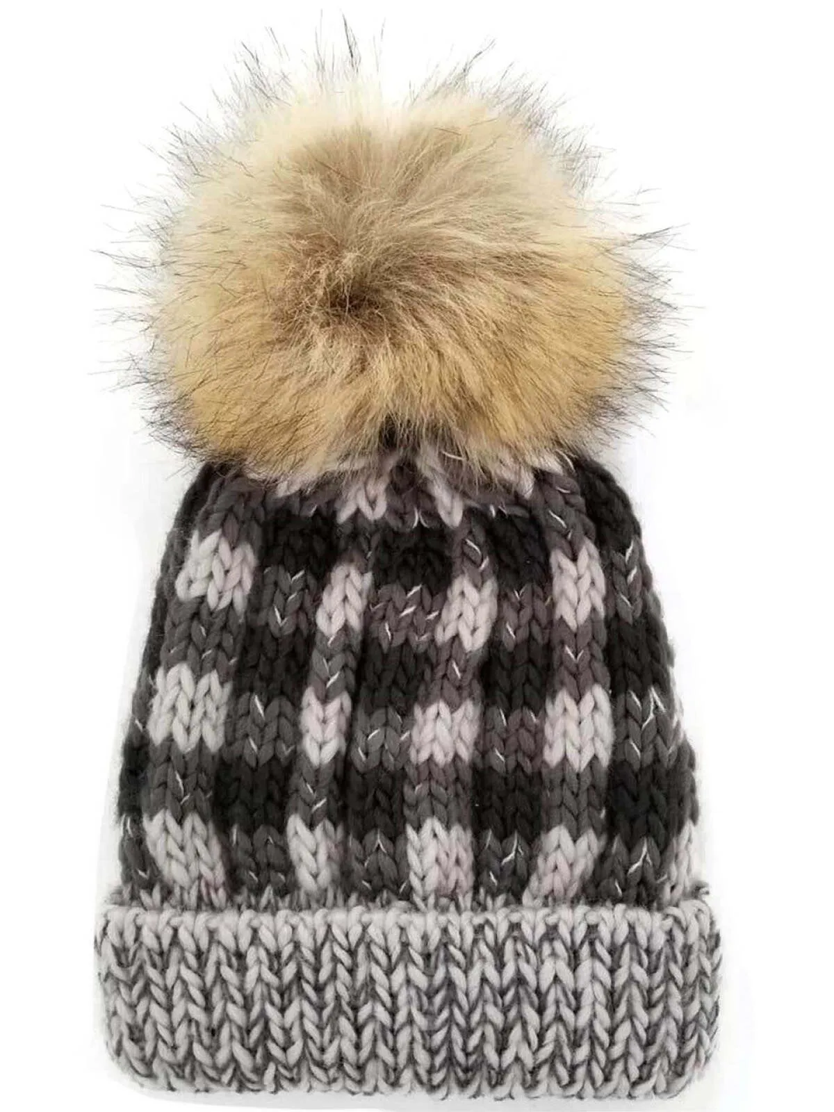 Buffalo Check Fur Pom Hat, Grey