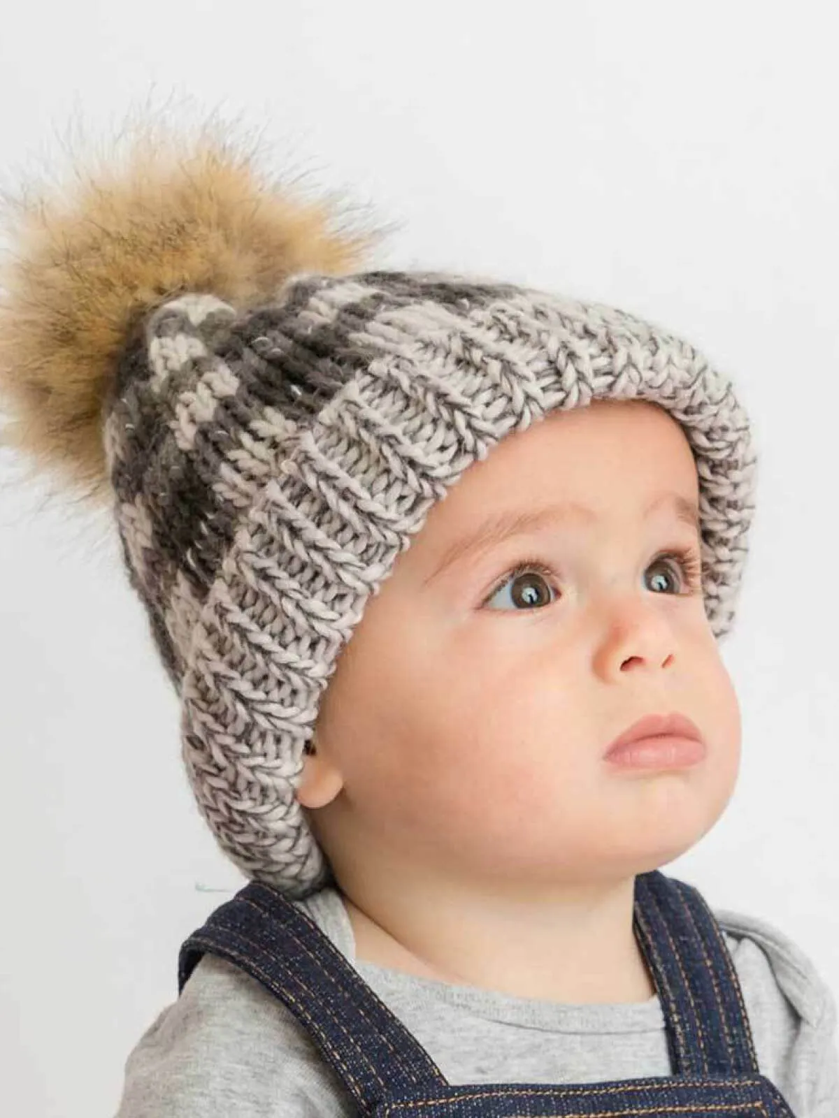 Buffalo Check Fur Pom Hat, Grey