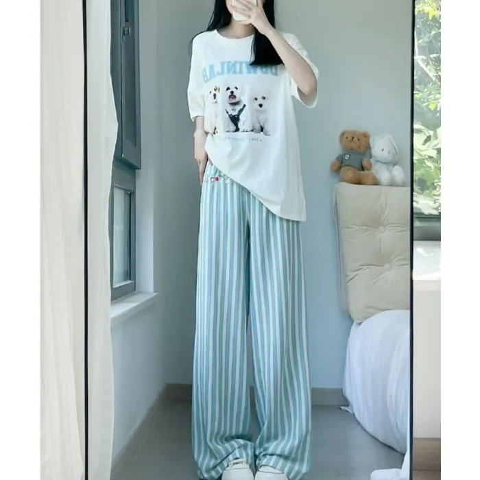 Button Applique High Rise Contrast Stripe Wide Leg Sweatpants