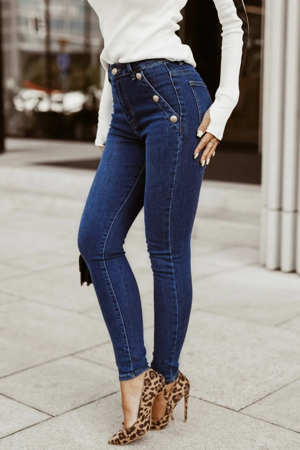 Buttons Pockets High Waist Skinny Jeans