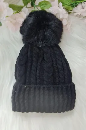 Cable Knit Pattern Soft Tassel Pom Pom Beanie Hat